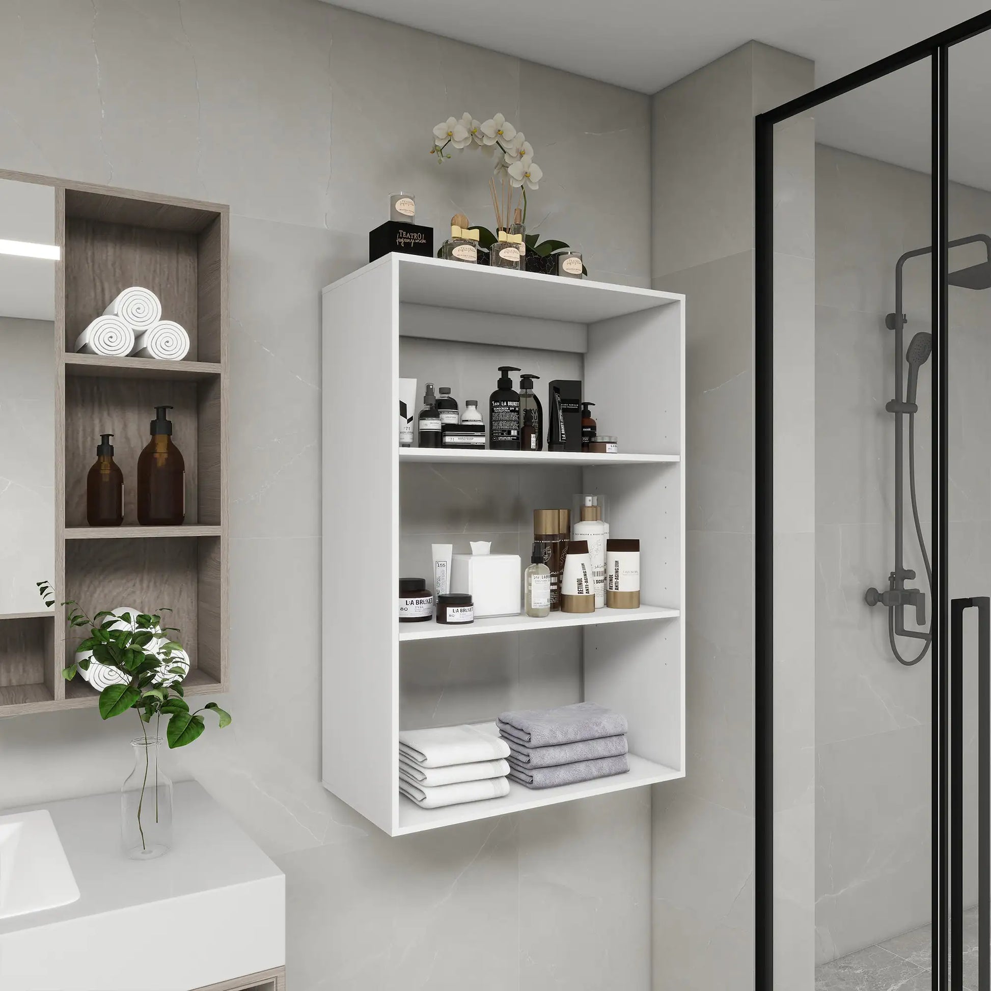 B4 Bathroom closet shelves Wood Modular Closet System Wall Mounted Shelves Walk in Clothes Storage Cabinet Shelving Built in Closet Organizer for Bedroom White 31.49''W x 16.04''D x 47.24''H