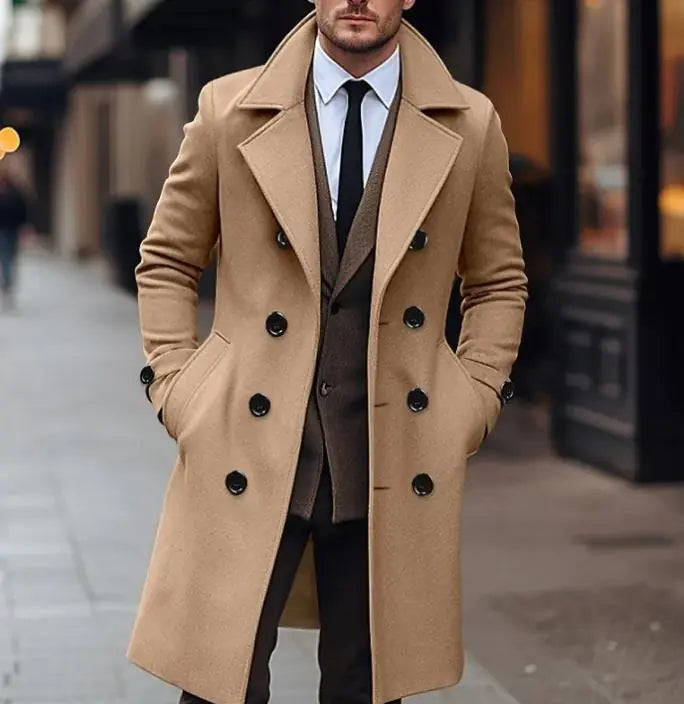 Fall & Winter Men's Woolen Double Breasted Long Coat