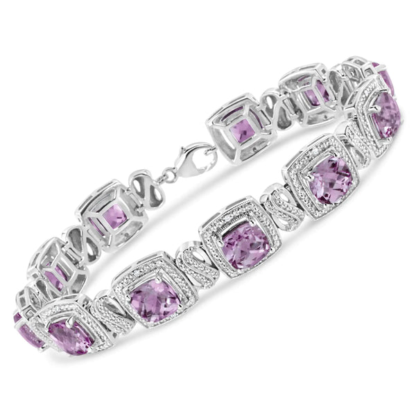 .925 Sterling Silver 7x7 mm Cushion Cut Purple Amethyst and 1/10 cttw Round Cut Diamond Square Shape Tennis Bracelet (I-J Color, I1-I2 Clarity) - 7