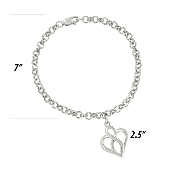 .925 Sterling Silver Open Heart with Center Vertical Infinity Chain Charm Bracelet - Size 7