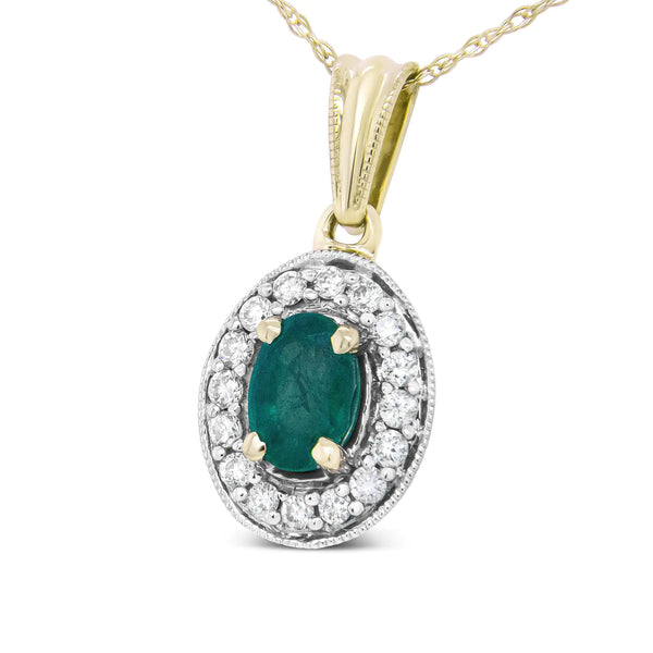 14K Yellow Gold 6x4mm Emerald and 1/5 Cttw Round Diamond Halo Pendant 18