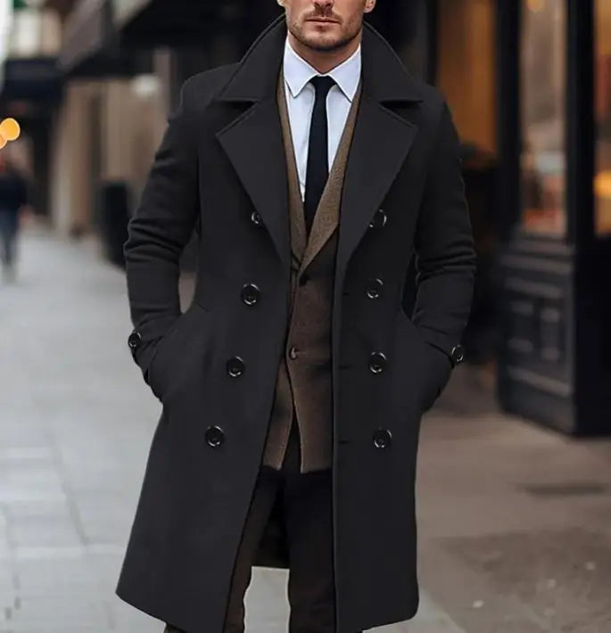 Fall & Winter Men's Woolen Double Breasted Long Coat