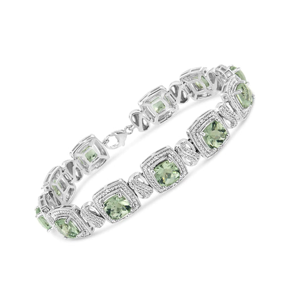 .925 Sterling Silver 7x7 mm Cushion Cut Green Amethyst and 1/10 cttw Single Cut Diamond Square Shape Tennis Bracelet (I-J Color, I1-I2 Clarity) - 7