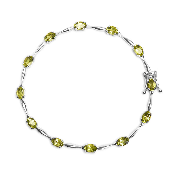 .925 Sterling Silver 5 1/2 Cttw Oval Shaped Created Green Peridot Link Bracelet  - 7