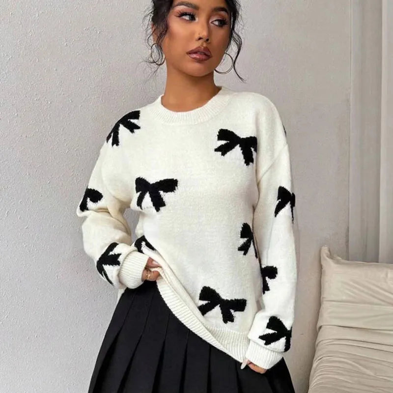 Fall And Winter Round Neck Bow Jacquard Pullover Sweater