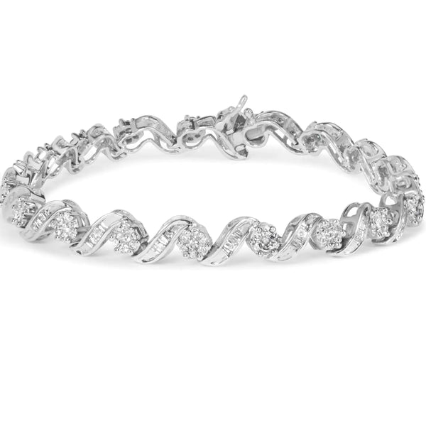 14K White Gold 2.00 Cttw Diamond Cluster and Spiral Link Bracelet (I-J Color, I1-I2 Clarity) - 7