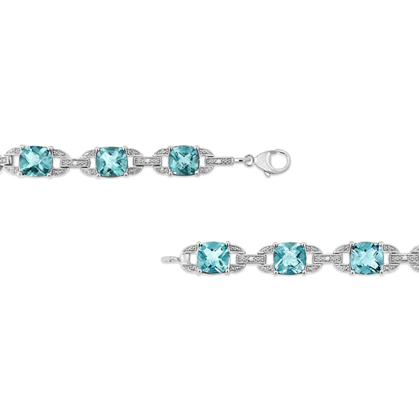 .925 Sterling Silver 7x7 mm Cushion Cut Blue Topaz and 1/20 cttw Round Cut Diamond Fashion Tennis Bracelet (I-J Color, I1-I2 Clarity) - 7