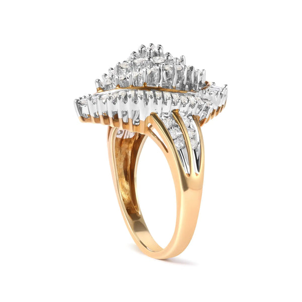 10K Yellow Gold 1.0 Cttw Round and Baguette-Cut Diamond Cluster Ring (I-J Color, SI2-I1 Clarity)