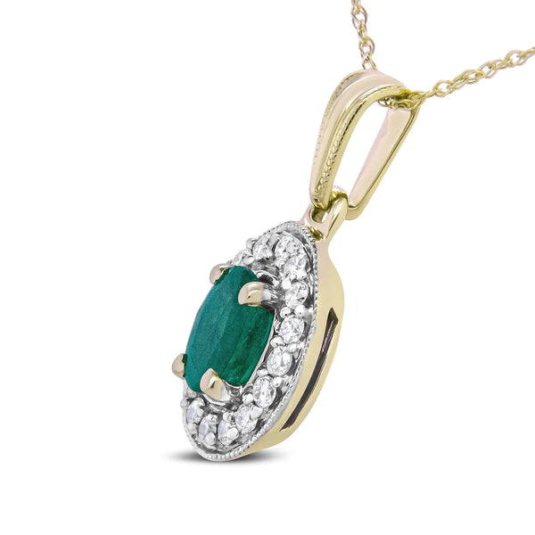 14K Yellow Gold 6x4mm Emerald and 1/5 Cttw Round Diamond Halo Pendant 18