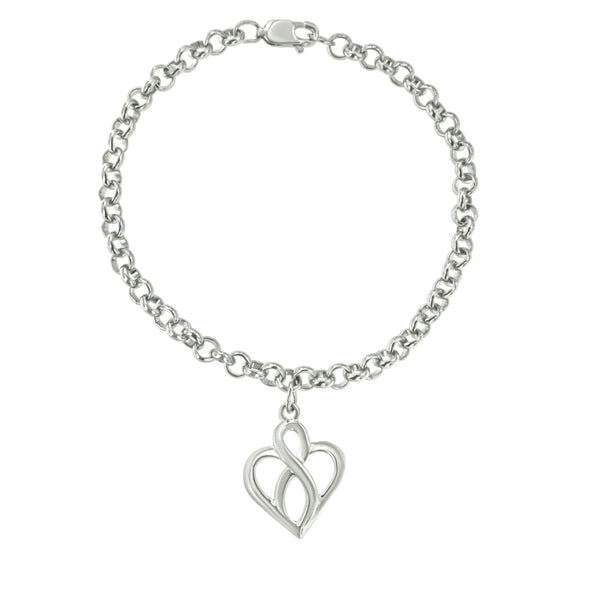 .925 Sterling Silver Open Heart with Center Vertical Infinity Chain Charm Bracelet - Size 7