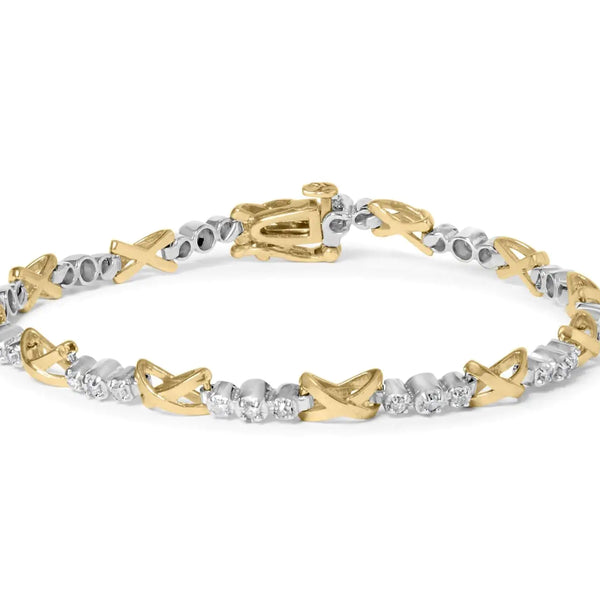 10K Two-Tone Gold 1/2 Cttw Diamond Alternating 3 Stone and X-Link 7