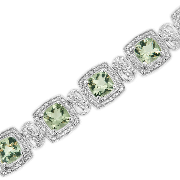 .925 Sterling Silver 7x7 mm Cushion Cut Green Amethyst and 1/10 cttw Single Cut Diamond Square Shape Tennis Bracelet (I-J Color, I1-I2 Clarity) - 7