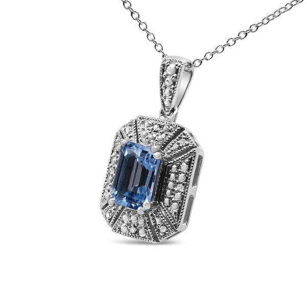 .925 Sterling Silver Blue Topaz and Diamond Accent Art Deco Style 18