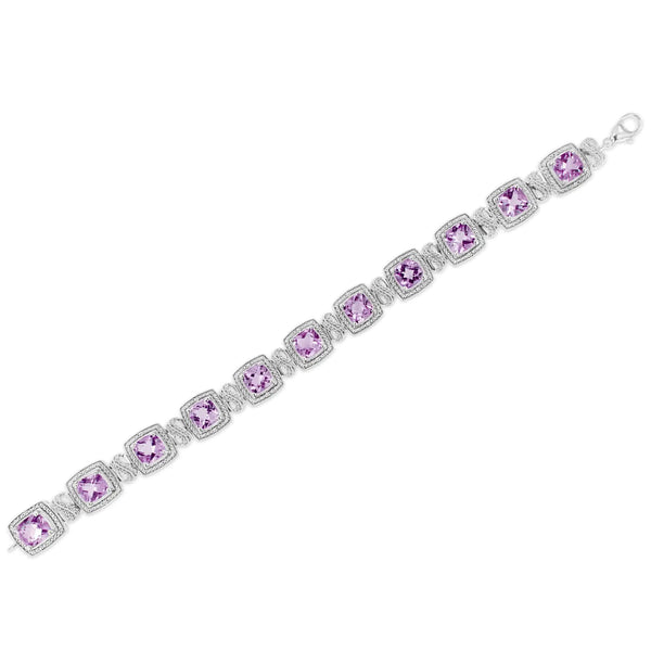 .925 Sterling Silver 7x7 mm Cushion Cut Purple Amethyst and 1/10 cttw Round Cut Diamond Square Shape Tennis Bracelet (I-J Color, I1-I2 Clarity) - 7