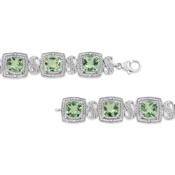 .925 Sterling Silver 7x7 mm Cushion Cut Green Amethyst and 1/10 cttw Single Cut Diamond Square Shape Tennis Bracelet (I-J Color, I1-I2 Clarity) - 7