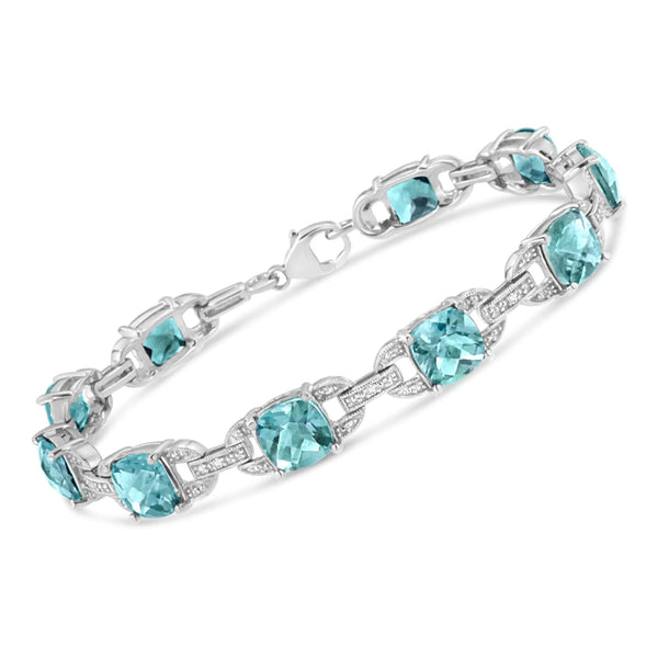 .925 Sterling Silver 7x7 mm Cushion Cut Blue Topaz and 1/20 cttw Round Cut Diamond Fashion Tennis Bracelet (I-J Color, I1-I2 Clarity) - 7