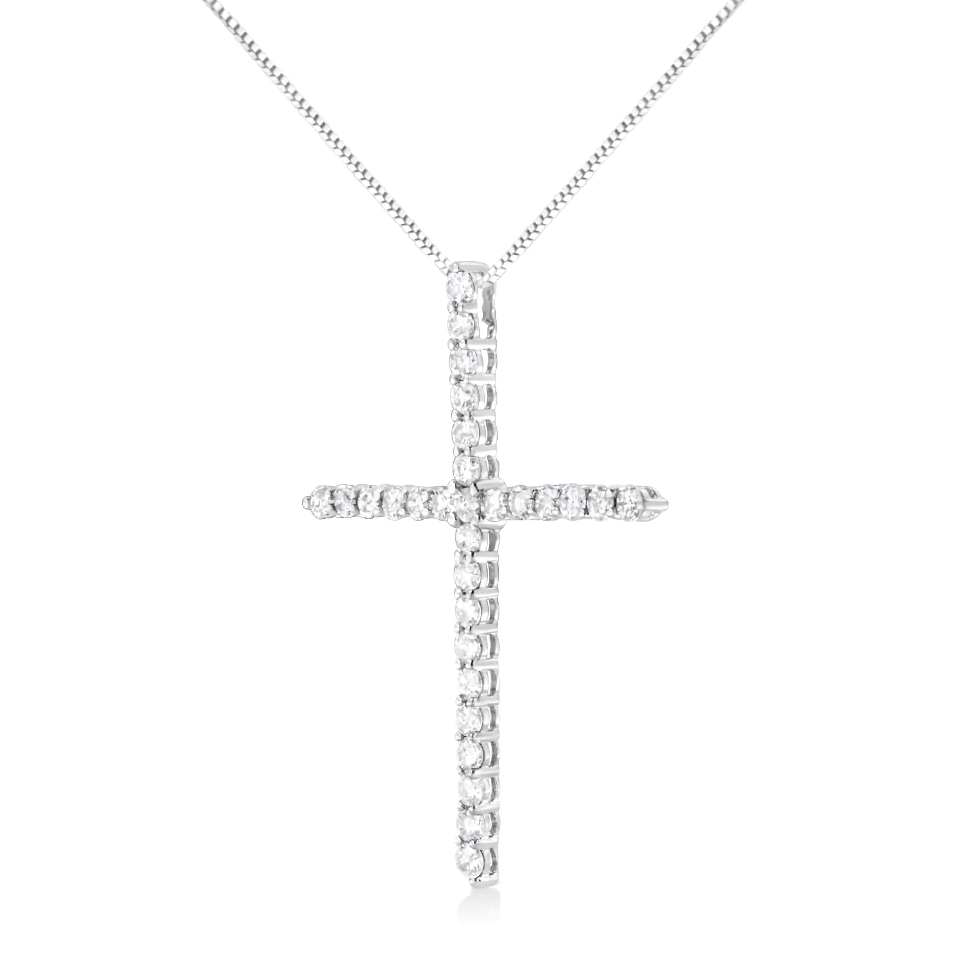 .925 Sterling Silver 3.0 cttw Prong Set Round-Cut Diamond Cross 18" Pendant Necklace (I-J Color, I2-I3 Clarity)