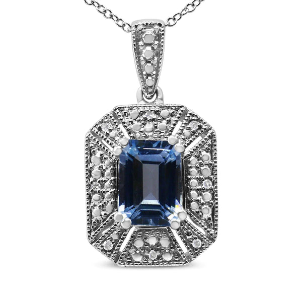 .925 Sterling Silver Blue Topaz and Diamond Accent Art Deco Style 18