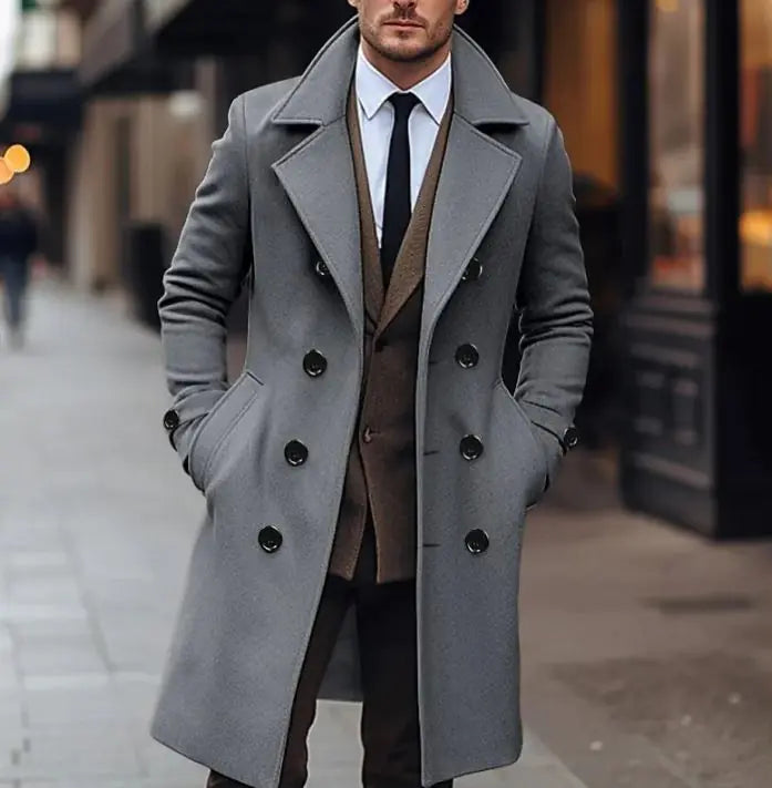 Fall & Winter Men's Woolen Double Breasted Long Coat