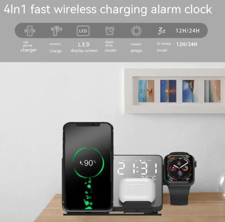 15W Watch Headset 4 In 1 Wireless Charger LED Digital Alarm Clock