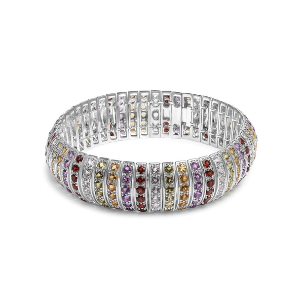 .925 Sterling Silver Multi Row Rainbow Gemstone  Bangle Bracelet - 7.5