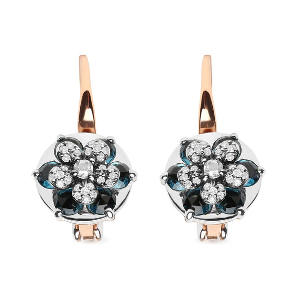 18K Rose and White Gold 1/3 Cttw Round Diamonds and Round London Blue Topaz Gemstone Cluster Floral Drop Hoop Earrings (G-H Color, SI1-SI2 Clarity)