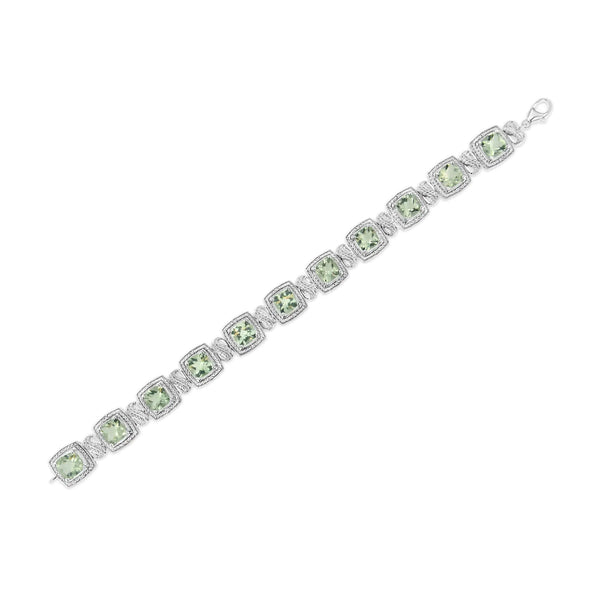 .925 Sterling Silver 7x7 mm Cushion Cut Green Amethyst and 1/10 cttw Single Cut Diamond Square Shape Tennis Bracelet (I-J Color, I1-I2 Clarity) - 7