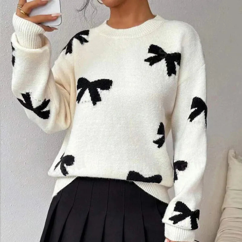 Fall And Winter Round Neck Bow Jacquard Pullover Sweater