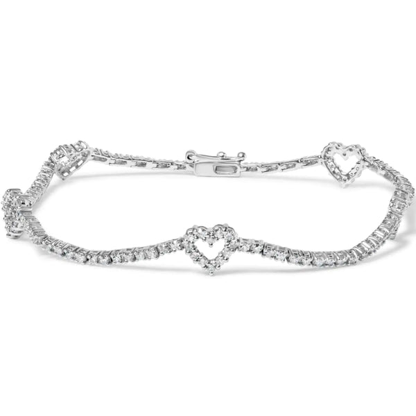 14K White Gold 1 1/2 Cttw Diamond Heart Station Strand Bracelet (H-I Color, I1-I2 Clarity) - 7.5 Inches