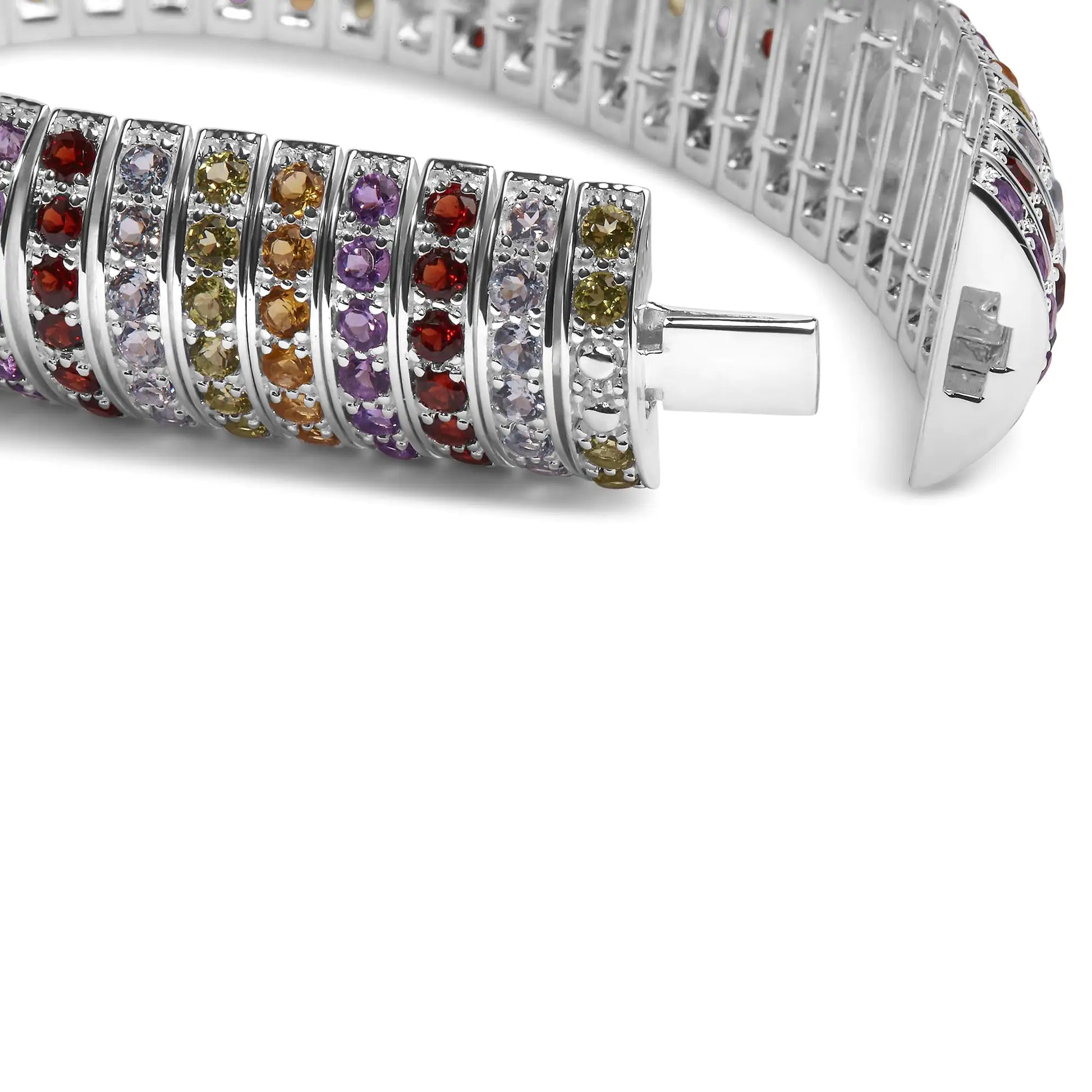 .925 Sterling Silver Multi Row Rainbow Gemstone  Bangle Bracelet - 7.5" Inches