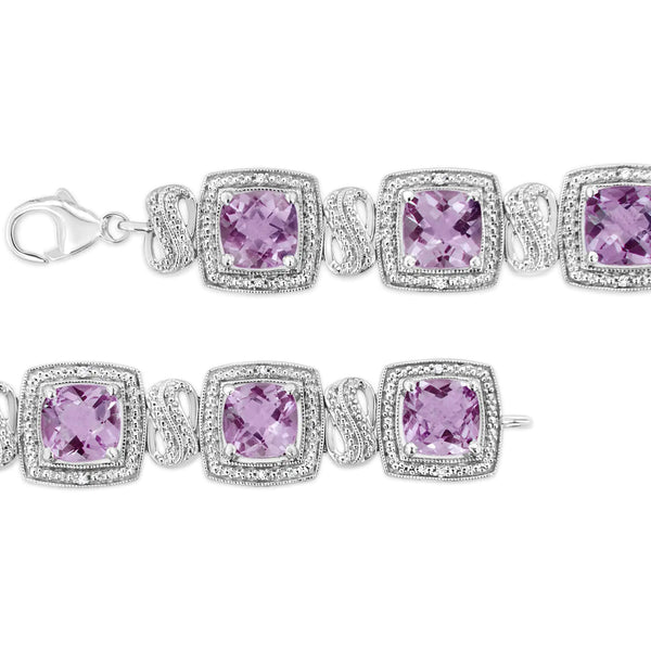 .925 Sterling Silver 7x7 mm Cushion Cut Purple Amethyst and 1/10 cttw Round Cut Diamond Square Shape Tennis Bracelet (I-J Color, I1-I2 Clarity) - 7