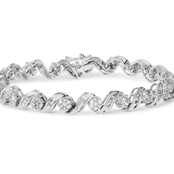 14K White Gold 2.00 Cttw Diamond Cluster and Spiral Link Bracelet (I-J Color, I1-I2 Clarity) - 7