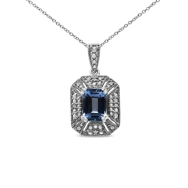 .925 Sterling Silver Blue Topaz and Diamond Accent Art Deco Style 18